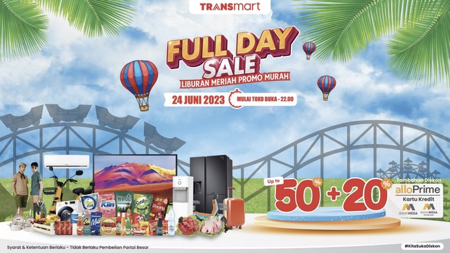 Transmart Full Day Sale kembali lagi dengan diskon hingga 50 persen plus 20 persen. Jangan lupa serbu Transmart terdekat di kotamu besok, ya!