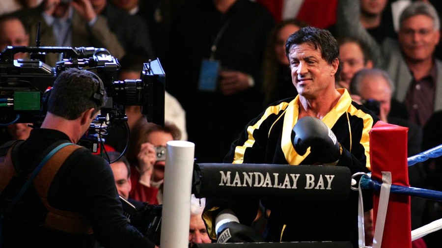 Actor/Director Sylvester Stallone surprised a packed Mandalay Bay Event Center in Las Vegas on December 3, 2005 when he entered the arena with cast and crew in tow filming for his upcoming film "Rocky VI".  The sell-out crowd was on hand to watch the World Middleweight Championship boxing match between Jermain Taylor and Bernard Hopkins. (Photo by Craig Durling/WireImage)