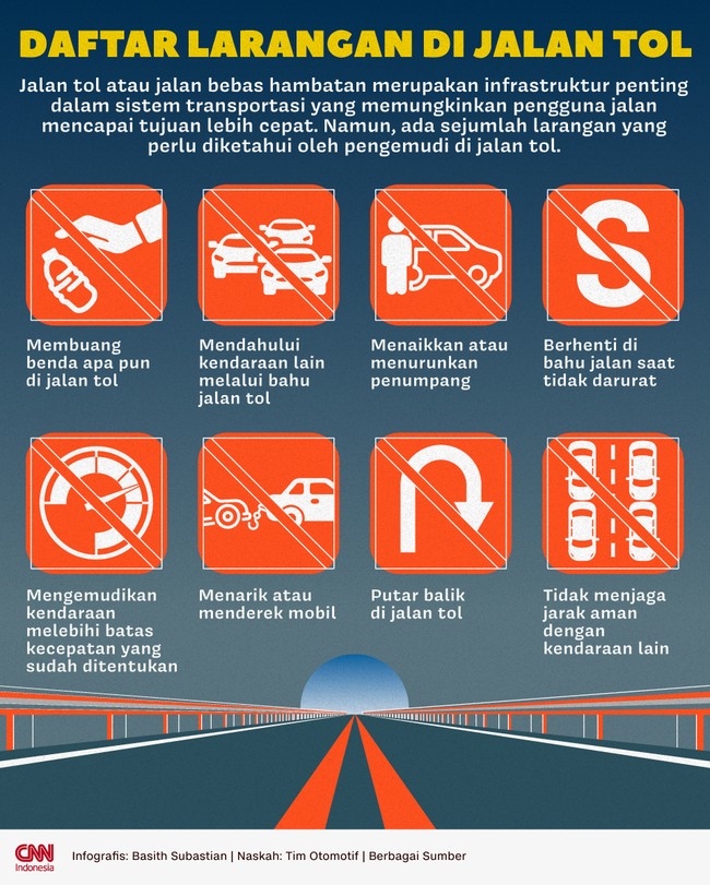 Ada sejumlah larangan yang perlu diketahui oleh pengemudi di jalan tol.