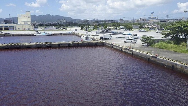 Foto dan video tersebar di media sosial menunjukkan air merah mengalir lewat sungai dan area pelabuhan kota Nago, pulau Okinawa.