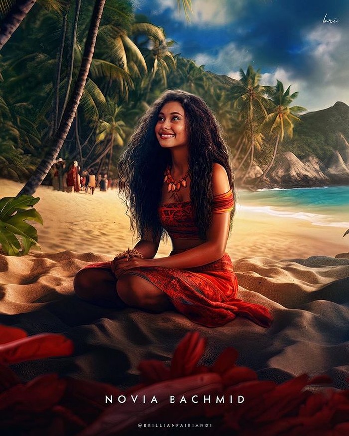 Kecantikan Novia Bachmid semakin memancarkan karakter Moana yang sangat menyukai laut /Foto:instagram.com/noviabachmid