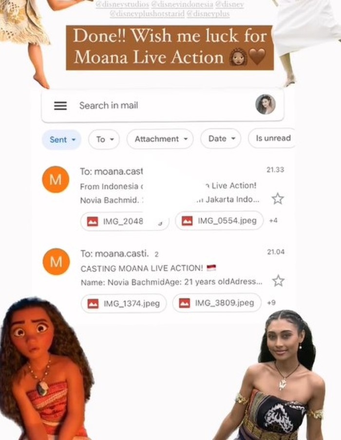 Novia Bachmid mengunggah screenshoot bukti email dirinya mendaftar audisi Moana Live Action. “Done, Wish me luck for Moana Live Action” /Foto: tiktok.com/novbach