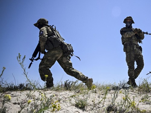 Volunteers of Espanola special force unit, a detachment of Russian football hooligans, have a training session at a training field in undisclosed location outside Mariupol on June 22, 2023. At the main football stadium in Moscow-controlled Mariupol,