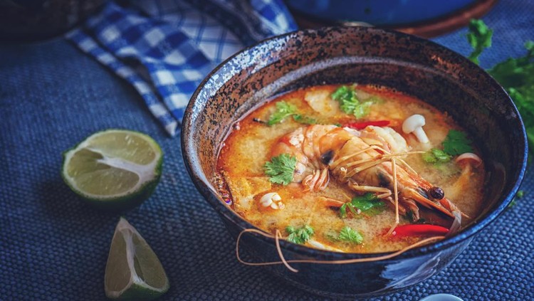 Tom Yum Goong Nam Kon Thai Soup with Shrimps, Enoki Mushrooms and Fresh Chili
