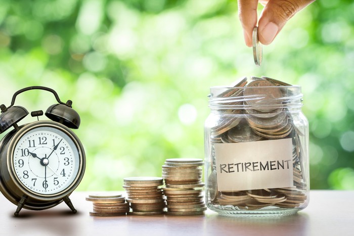 Hand putting Coins in glass jar with retro alarm clock for time to money saving for retirement concept Hand putting Coins in glass jar with retro alarm clock for time to money saving for retirement concept