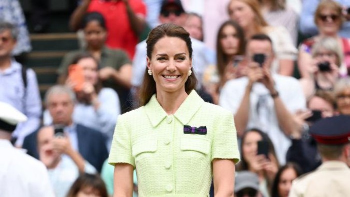 LONDON, ENGLAND - JULY 15: Catherine, Princess of Wales attends day thirteen of the Wimbledon Tennis Championships at All England Lawn Tennis and Croquet Club on July 15, 2023 in London, England. (Photo by Karwai Tang/WireImage)
