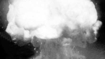 FILE - The first U.S. atom bomb explodes during a test in Alamogordo, N.M., July 16, 1945. The cloud went 40,000 feet in the air, as viewed by an automatic camera six miles away from the site. A new film on J. Robert Oppenheimer's life and his role in the development of the atomic bomb as part of the Manhattan Project during World War II opens in theaters on Friday, July 21, 2023.  (AP Photo, File)