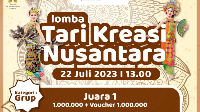 Yuk, ikuti Lomba Tari Kreasi Nusantara di Trans Park Mall Juanda Bekasi pada Sabtu (22/7), berhadiah uang dan voucher senilai jutaan rupiah.