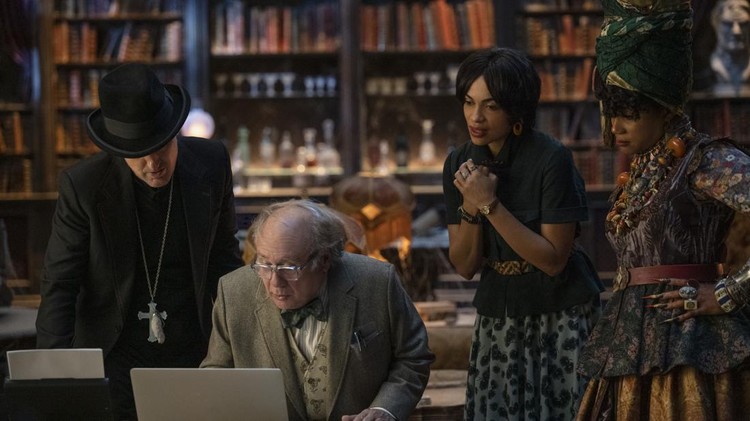 (L-R): Owen Wilson as Father Kent, Danny DeVito as Bruce, Rosario Dawson as Gabbie, and Tiffany Haddish as Harriet in Disney's live-action HAUNTED MANSION. Photo by Jalen Marlowe. © 2023 Disney Enterprises, Inc. All Rights Reserved.