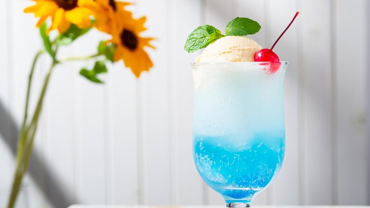 It's a blue soda topped with vanilla ice cream,cherry and spearmint