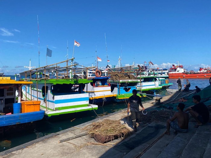 A row of fishing boats parked when not at sea due to high waves in Sorong, West Papua.