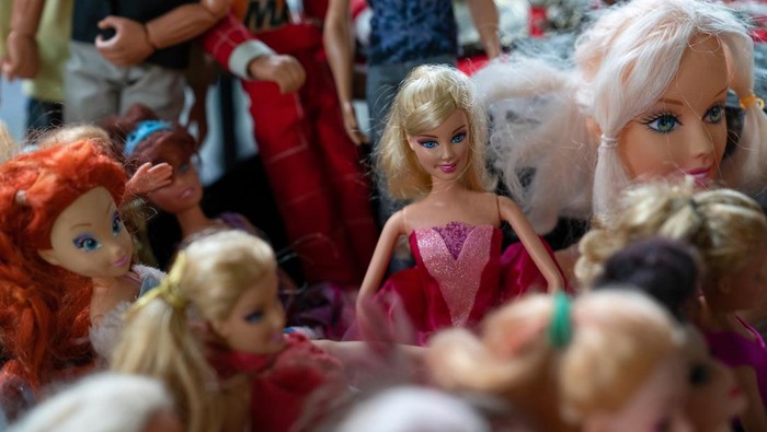 Ankara, Turkey-January 5 2020: Female plastic toys figures on a flea market for sale, selective focus.