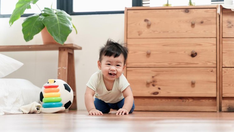 Portrait of cute Asian baby boy crawling on the floor at home, smiling and looking at camera. Asian family baby domestic life concept.