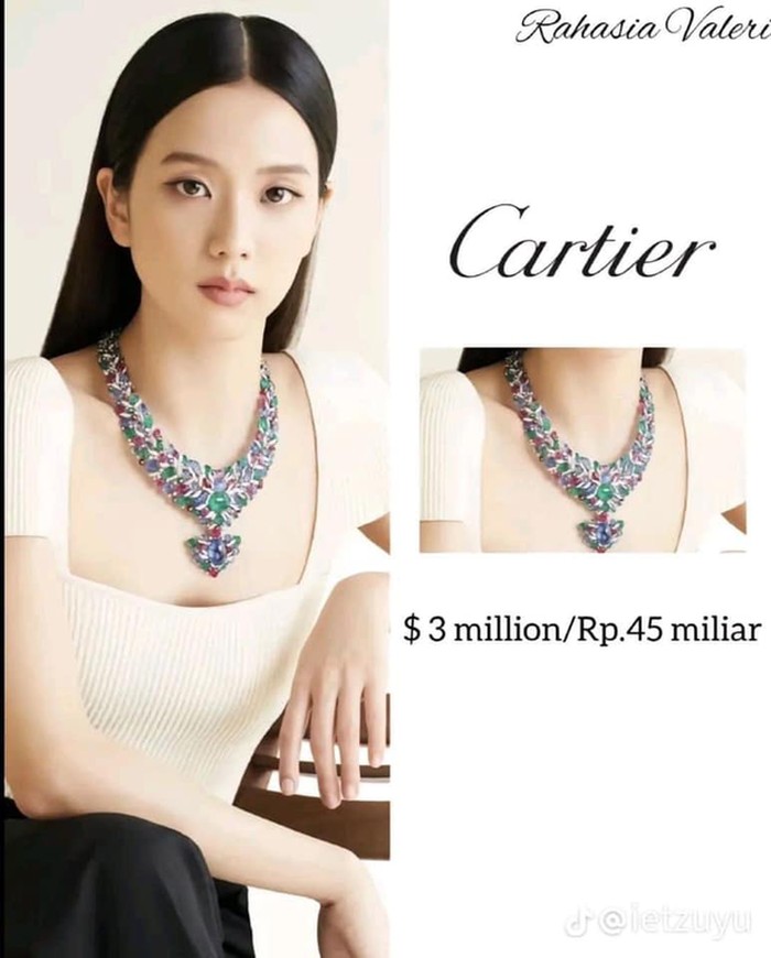 Known as the brand ambassador of Cartier, BLACKPINK's Jisoo perfectly complements the unique and colorful design of this iconic necklace at a price of 3,000,000 USD or around IDR 45.5 billion. / Photo: kbizoom.com