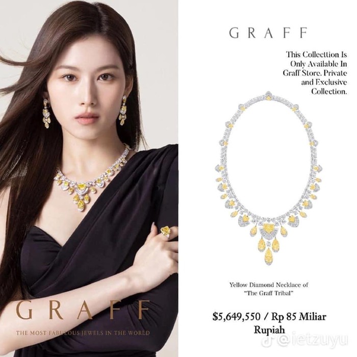 Becoming the brand ambassador for luxury brand Graff last July, TWICE's Sana showed her strong charm with The Graff Tribal necklace worth 5,649,550 USD or around IDR 85.7 billion. / Photo: kbizoom.com