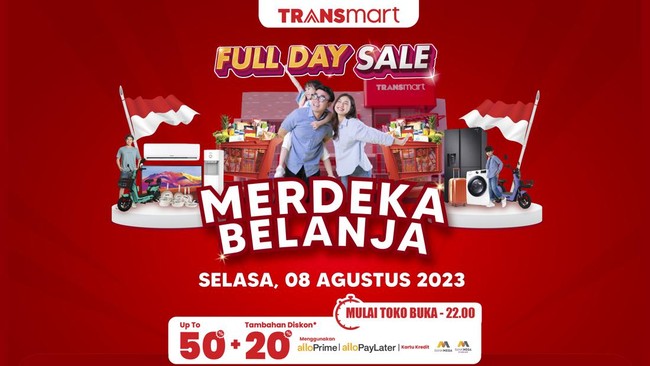 Transmart Full Day Sale kembali digelar hari ini, Selasa (8/8) di seluruh gerai Transmart Indonesia dengan diskon 50%+20%!