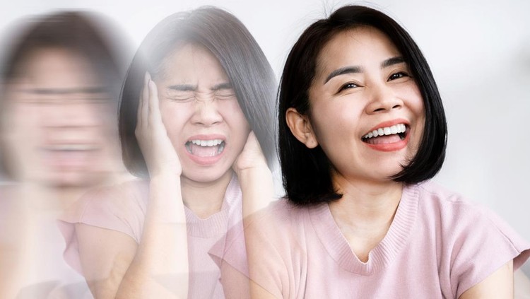 Bipolar Disorder concept with Asian woman's experience with swinging moods and mental health ,happy and sad faces