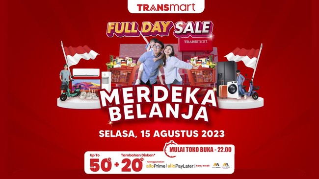 Transmart Full Day Sale hadir lagi pada hari ini, Selasa (15/8) di seluruh gerai-gerai Transmart di Indonesia dengan diskon 50%+20%.