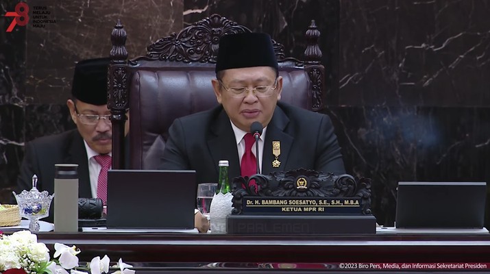 Bambang Soesatyo dalam acara sidang tahunan MPR, DPR, DPD RI, Jakarta, Rabu (16/8/2023). (Tangkapan layar Youtube DPR RI)