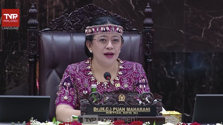 Ketua Dewan Perwakilan Rakyat (DPR RI) Puan Maharani di Sidang Tahunan MPR RI, Kamis (16/8/2023). (Tangkapan layar Youtube DPR RI)