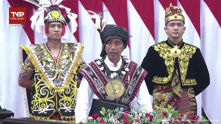Pidato kenegaraan Presiden RI Joko Widodo (Jokowi) saat sidang tahunan MPR, DPR dan DPD RI, Jakarta, Rabu (16/8/2023). (Tangkapan layar Youtube Setpres RI)