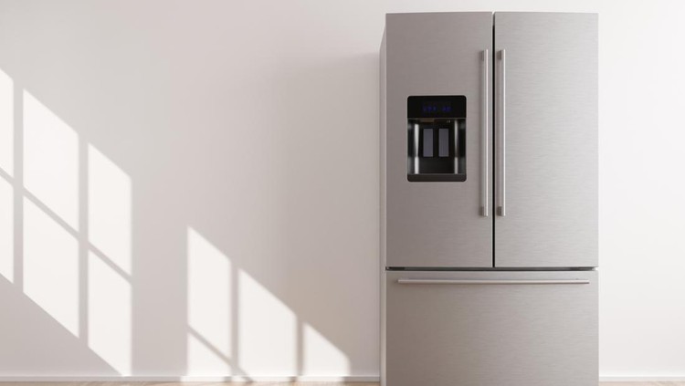 1399160717 Refrigerator standing in empty room. Free, copy space for text or other objects. Household electrical equipment. Modern kitchen appliance. Stainless steel fridge with double doors, freezer. 3d render
