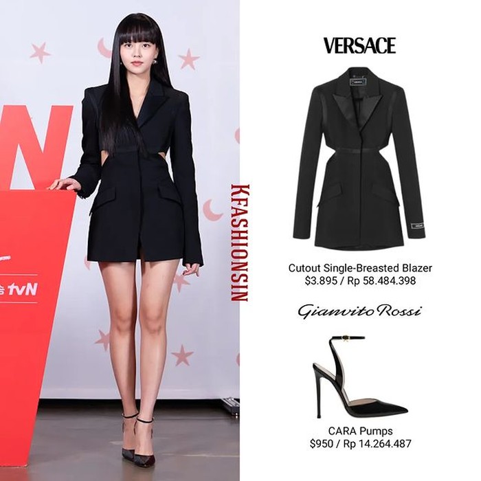 Kim So Hyun yang hadir di konferensi pers kelihatan stunning dengan blazer merek VERSACE seharga Rp58,4 juta dan pumps Gianvito Rossi senilai Rp14,2 juta./ Foto: instagram.com/kfashionsin