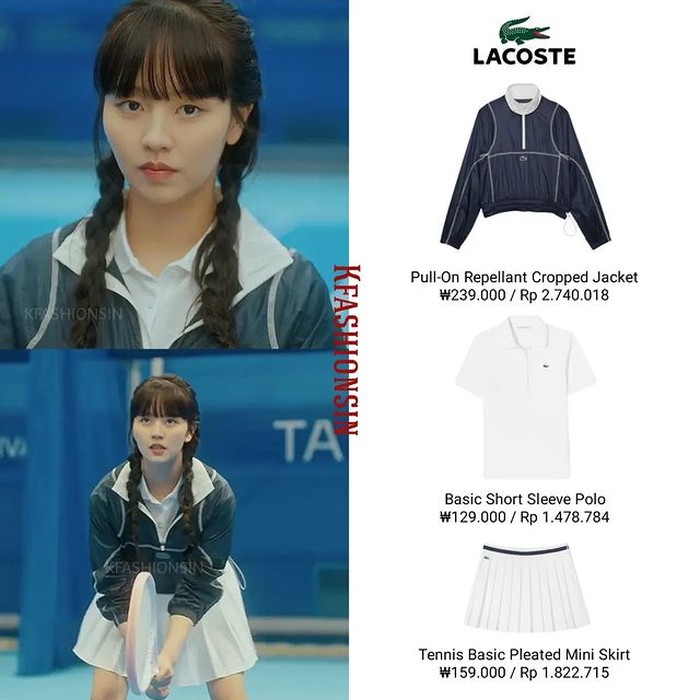 Sporty look, Kim So Hyun memakai outfit keluaran LACOSTE berupa t-shirt yang diberi harga Rp1,4 juta, didobel dengan jaket Rp2,7 juta. Untuk bawahannya, ia memilih rok tennis harga Rp1,8 juta./ Foto: instagram.com/kfashionsin