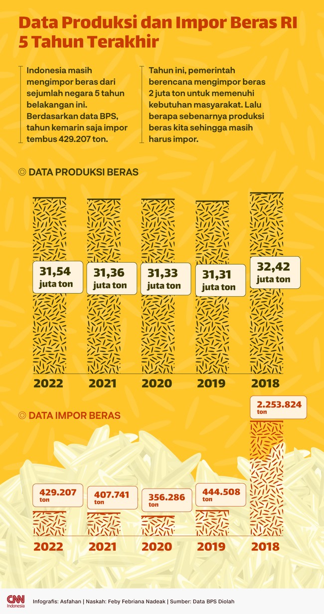 Indonesia masih mengimpor beras dari sejumlah negara 5 tahun belakangan ini meski petani masih berproduksi. Berikut datanya.