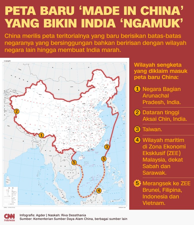 China merilis peta teritorialnya yang baru berisikan batas-batas yang bersinggungan bahkan beririsan dengan wilayah negara lain hingga membuat India marah.