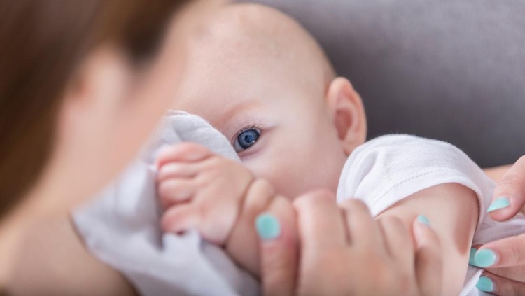 Bayi Mata Biru Cute baby looks up at her mother while breastfeeding. One of the baby's blue eyes is looking at her mom.