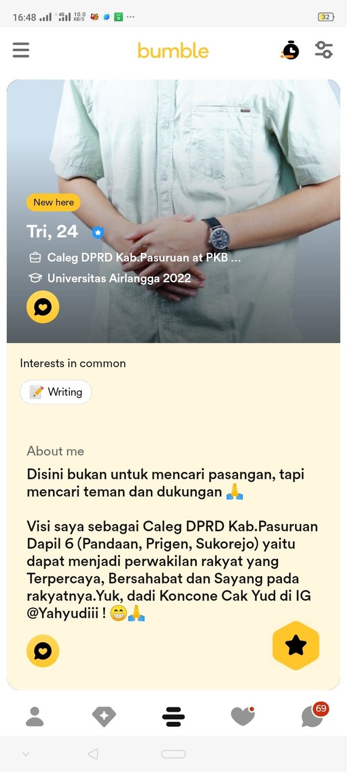 tri wahyudi, caleg pkb kampanye lewat aplikasi kencan Bumble