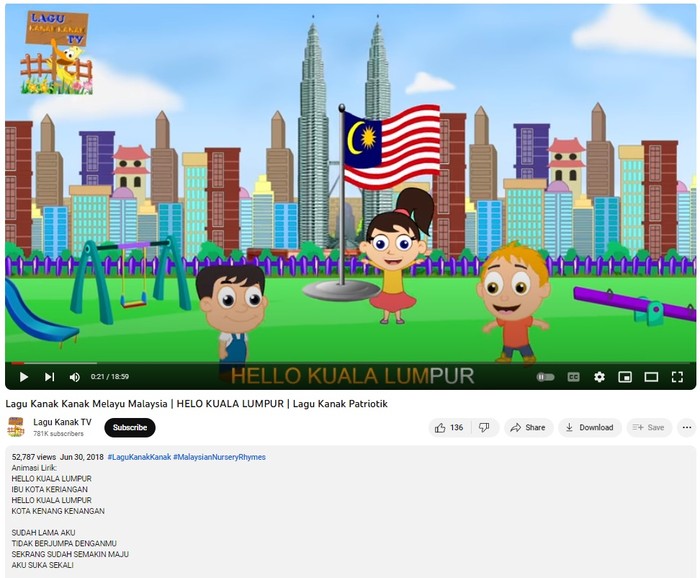 Tangkapan layar video lagu helo Kuala Lumpur di Youtube.