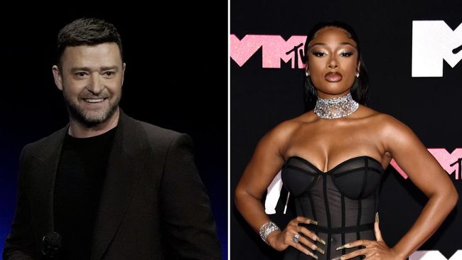 Megan Thee Stallion terlihat tampak seperti berargumen dengan Justin Timberlake di belakang panggung MTV VMA 2023.