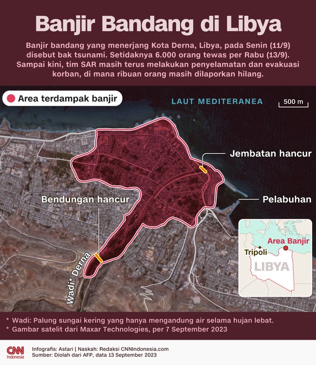 Banjir bandang yang menerjang Derna, wilayah timur Libya, pada Senin (11/9), disebut bak gelombang tsunami hingga banyak korban hanyut terbawa hingga ke laut.