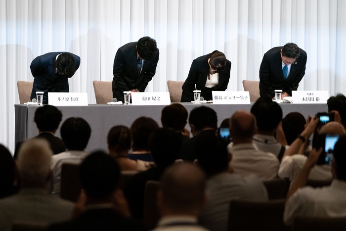 TOKYO, JAPAN - SEPTEMBER 07: Noriyuki Higashiyama, actor and incoming president of Johnny & Associates Inc.(C-L), and Julie Keiko Fujishima, outgoing president of the company(C-R), bow in apology during a press conference on at Palace Hotel Tokyo on September 07, 2023 in Tokyo, Japan. Japan's top talent agency Johnny & Associates held a press conference today to announce the resignation of Julie Fujishima as president after months of revelations about predatory sexual abuse by the late founder and her uncle Johnny Kitagawa.  (Photo by Tomohiro Ohsumi/Getty Images)