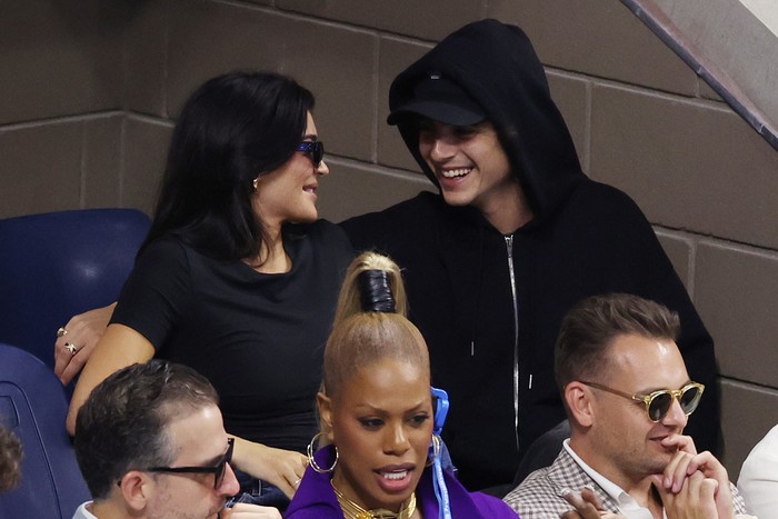 NEW YORK, NEW YORK - SEPTEMBER 10: Kylie Jenner and actor Timothée Chalamet look on during the Men's Singles Final match between Novak Djokovic of Serbia and Daniil Medvedev of Russia on Day Fourteen of the 2023 US Open at the USTA Billie Jean King National Tennis Center on September 10, 2023 in the Flushing neighborhood of the Queens borough of New York City. (Photo by Mike Stobe/Getty Images)
