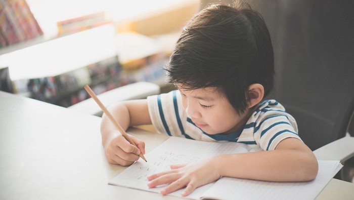 Little Asian child  using a pencil to write on notebook at the desk