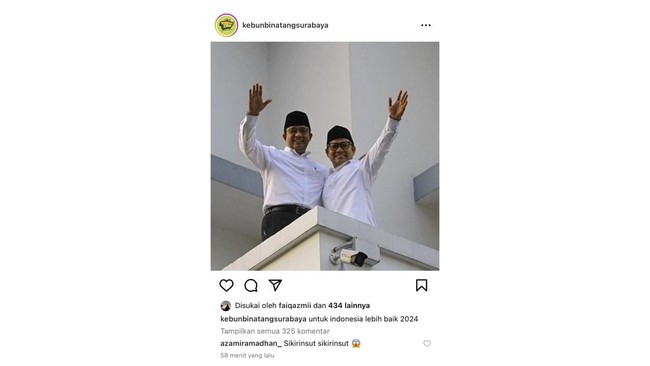 Akun kebun binatang Surabaya tiba-tiba mengunggah foto pasangan bakal capres-cawapres Anies Baswedan-Muhaimin Iskandar (Cak Imin).
