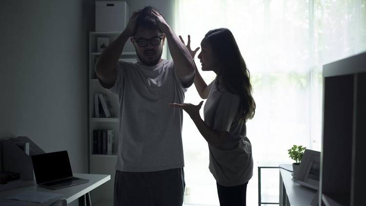 Asian couple arguing shouting blaming each other of problem, husband and wife fighting at home, relationship Problems concept