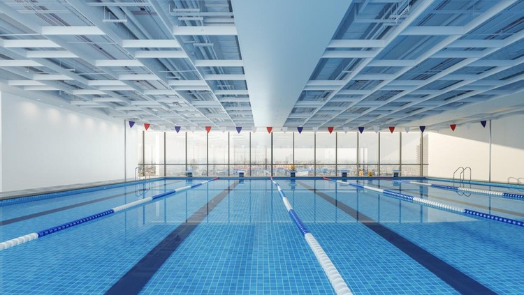 Close-up View Of Olympic Swimming Pool With Cityscape Through The Window