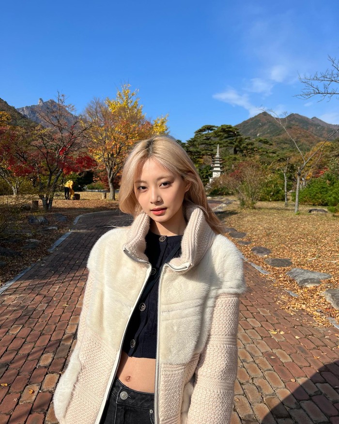 Tzuyu TWICE tampil manis dengan crop top sweater berwarna hitam. Penampilan tersebut dilengkapi dengan bawahan model high waist serta coat motif bulu di bagian luar./ Foto: instagram.com/thinkaboutzu