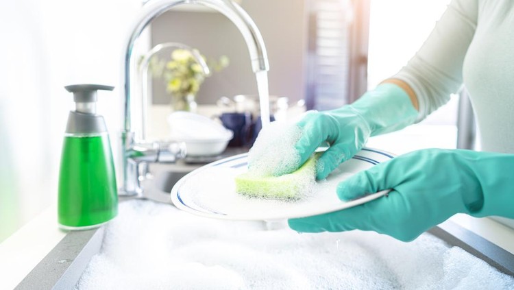 Close up of woman hands  washing a plate with a cleaning sponge in a kitchen sink. A faucet with flowing water and a dish washing soap are visible. The sink is full of water and soap sud. High resolution 42Mp indoors digital capture taken with SONY A7rII and Zeiss Batis 25mm F2.0 lens