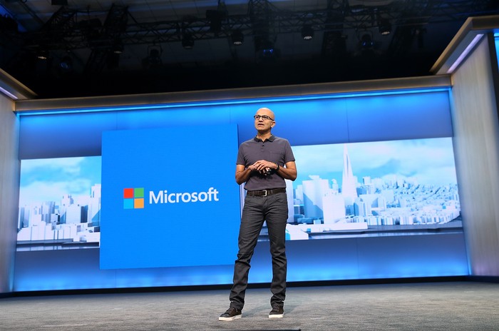 SAN FRANCISCO, CA - MARCH 30:  Microsoft CEO Satya Nadella delivers the keynote address during the 2016 Microsoft Build Developer Conference on March 30, 2016 in San Francisco, California. The Microsoft Build Developer Conference runs through April 1.  (Photo by Justin Sullivan/Getty Images)