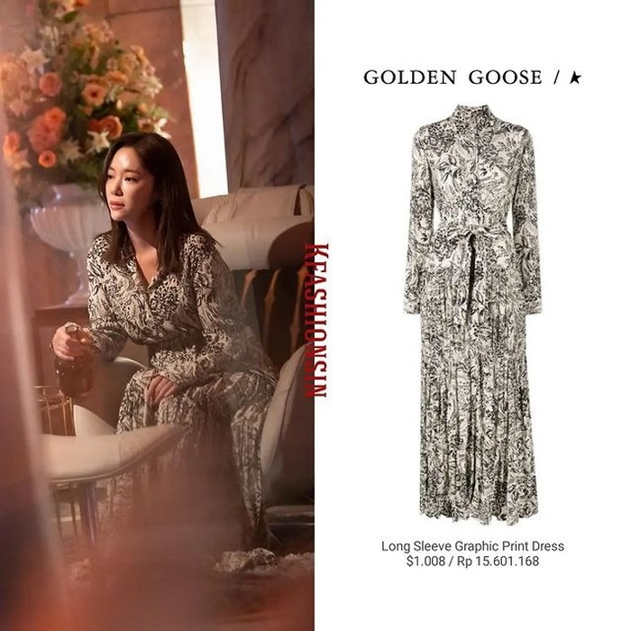 Anggun bak dewi, Hwang Jung Eum mengenakan dress long sleeve merek GOLDEN GOOSE dengan aksen plisket di bagian roknya yang diberi harga Rp15,6 juta./ Foto: instagram.com/kfashionsin