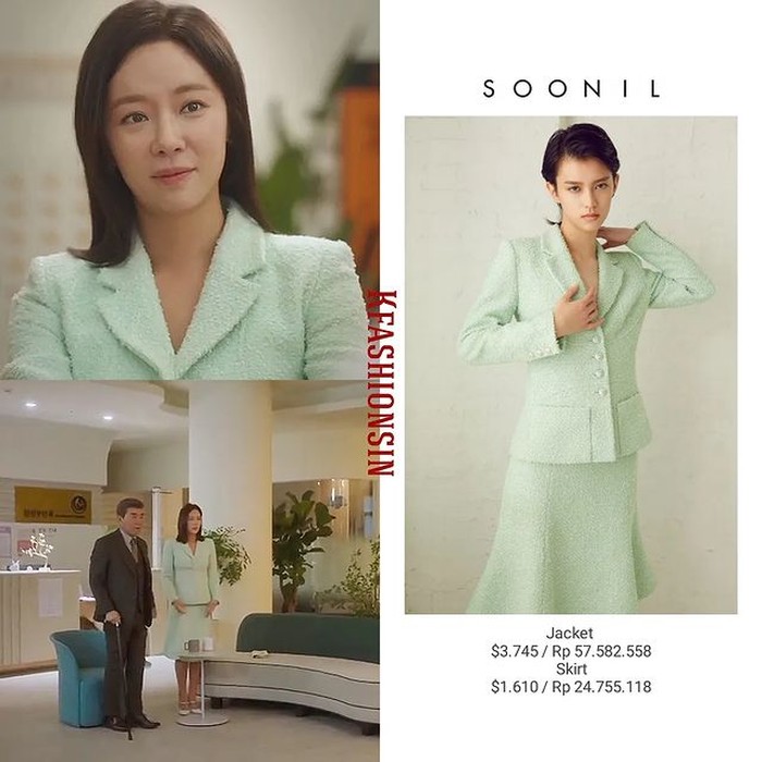 Bertemu dengan mertuanya, Hwang Jung Eum dandan seanggun mungkin. Ia memilih baju two piece keluaran SOONIL yang jika ditotal harganya Rp82,3 juta./ Foto: instagram.com/kfashionsin