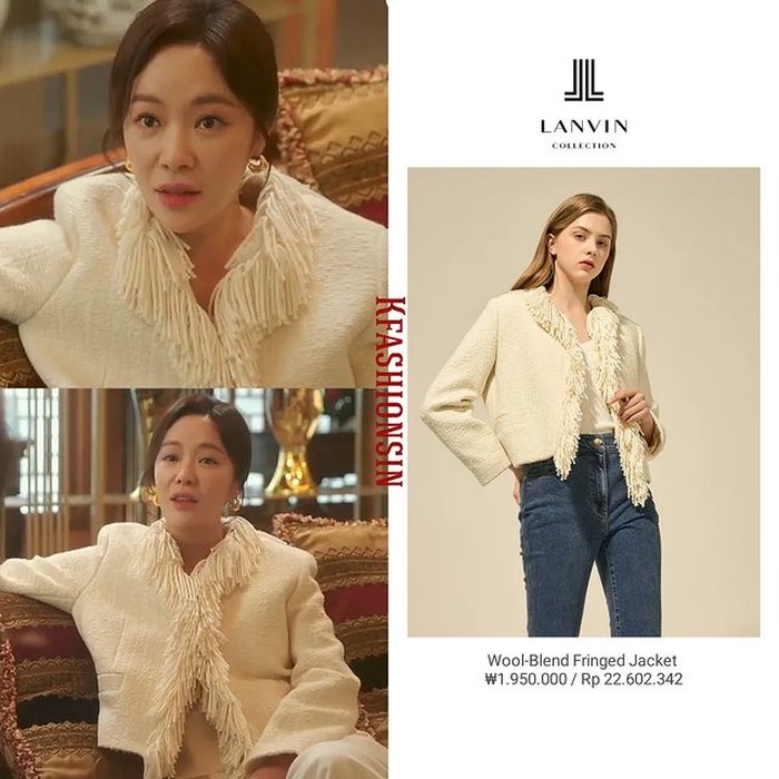 Jaket merek LANVIN dengan aksen rumabi-rumbai yang dihargai Rp22,6 juta bikin look Hwang Jung Eum kelihatan makin glamor./ Foto: instagram.com/kfashionsin
