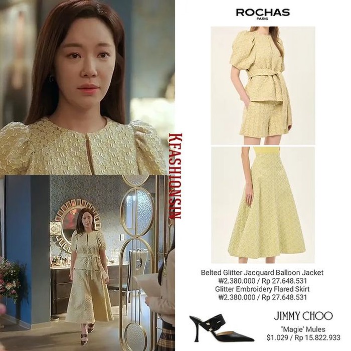 Perpaduan set pakaian merek ROCHAS dengan total Rp55,2 juta dan heels merek JIMMY CHOO harga Rp15,8 juta menunjukkan bahwa look Hwang Jung Eum makin mewah dan modis./ Foto: instagram.com/kfashionsin