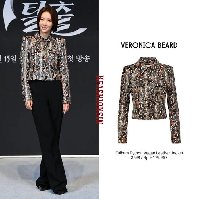 Saat konferensi pers drama, Hwang Jung Eum memakai jaket kulit dengan corak python dari merek VERONICA BEARD seharga Rp9,1 juta yang menampilkan kesan elegan dan berani./ Foto: instagram.com/kfashionsin