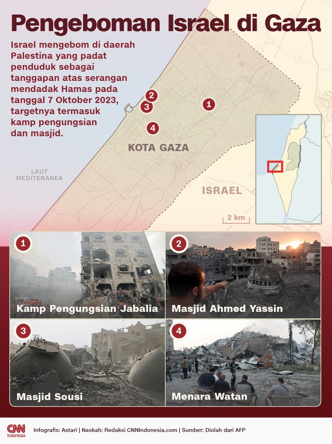 Israel melancarkan pengeboman di Jalur Gaza, termasuk empat titik yang dibombardir pasukan Pasukan Pertahanan Israel (IDF).